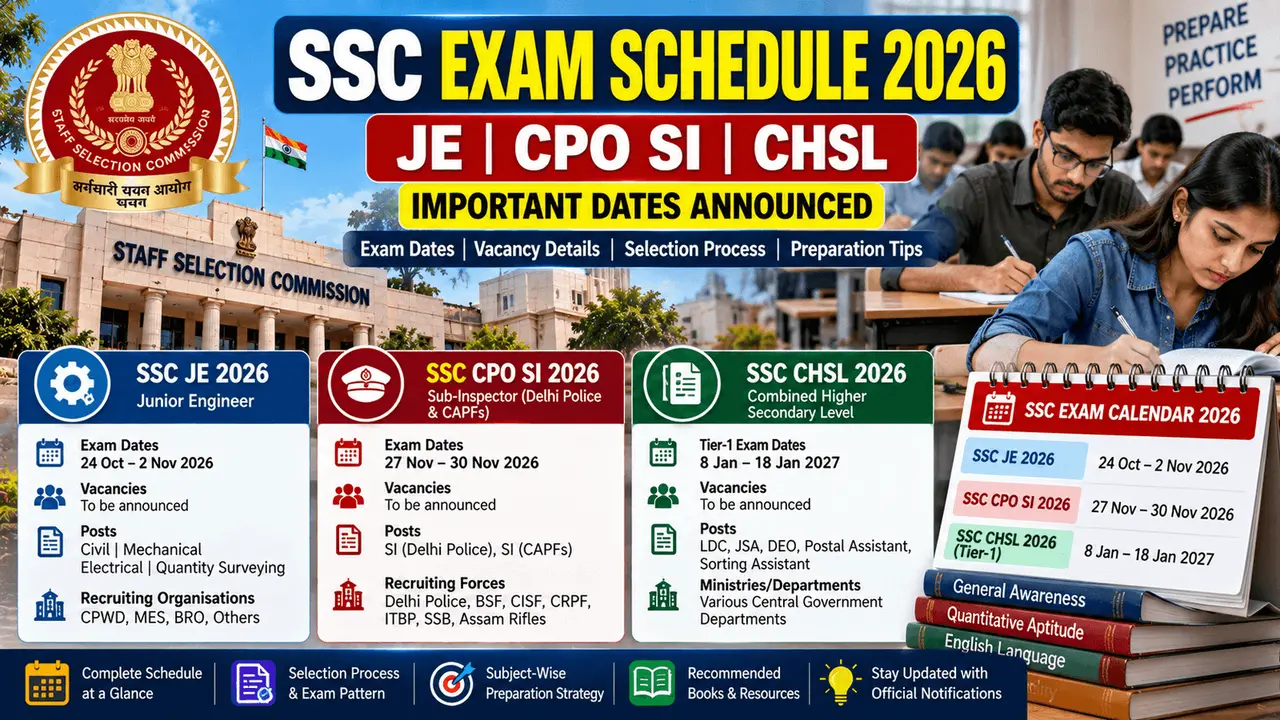 SSC Exam Schedule 2026 – JE, CPO SI, CHSL and other exam dates
