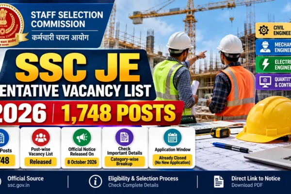 SSC JE tentative vacancy list 2026 infographic highlighting 1,748 posts and official notice guidance