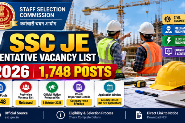 SSC JE Tentative Vacancy List 2026 graphic showing engineering construction site, 1,748 tentative posts and official SSC notice details