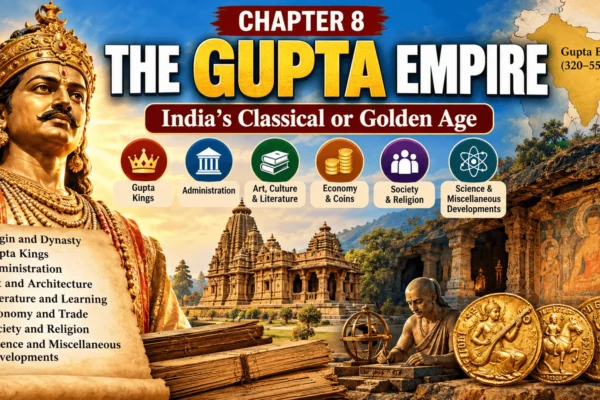 Gupta Empire history infographic covering kings, administration, art, literature, economy and its Golden Age