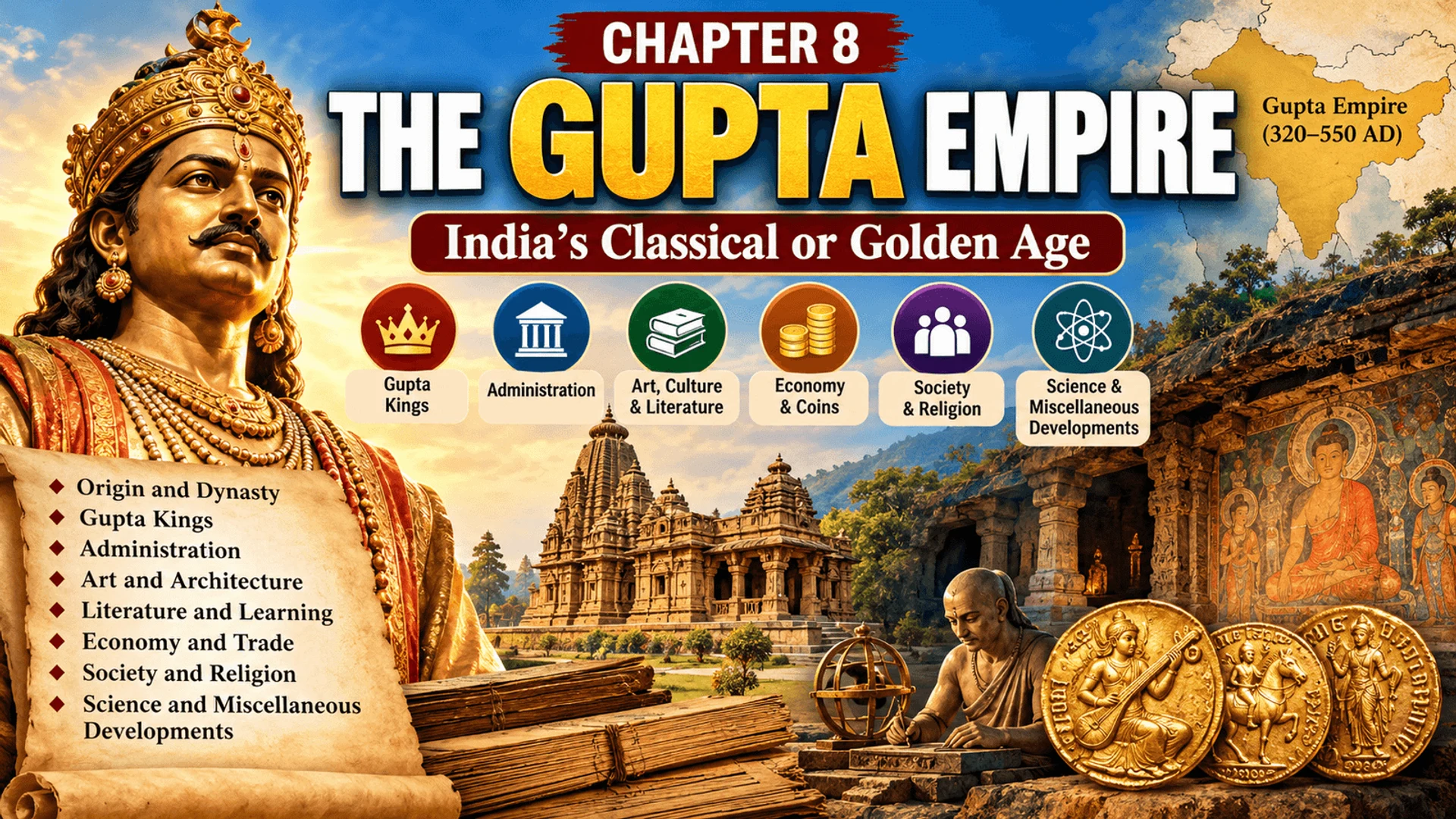 Gupta Empire history infographic covering kings, administration, art, literature, economy and its Golden Age