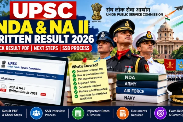 UPSC NDA and Naval Academy II written result 2026 infographic showing result PDF, SSB interview steps, dates and document checklist
