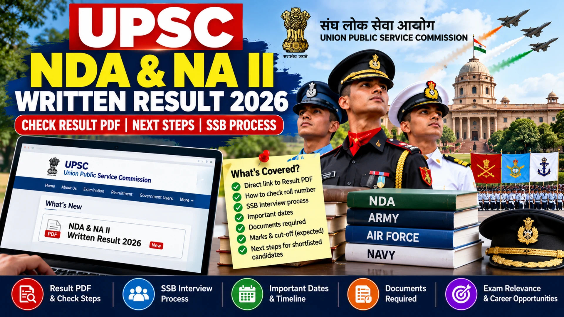 UPSC NDA and Naval Academy II written result 2026 infographic showing result PDF, SSB interview steps, dates and document checklist
